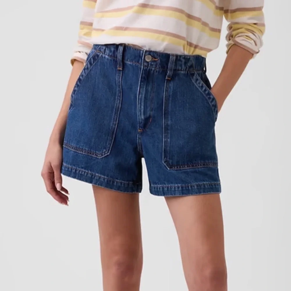 Gap Denim Womens High Rise Utility Shorts Blue Elastic Waist Cotton Lyocell L
